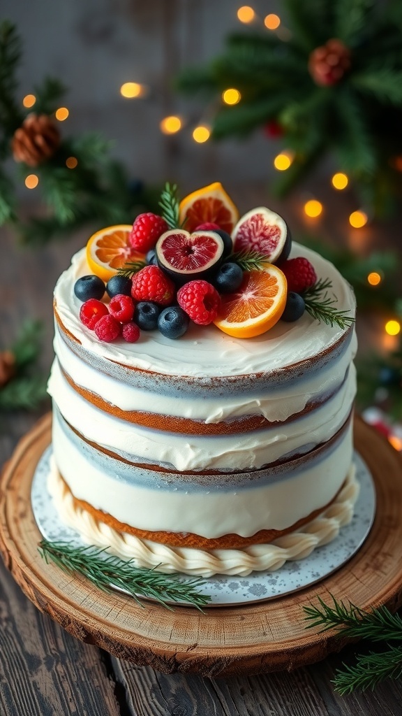 Naked Christmas Cake Recipe A naked Christmas cake with layers of sponge, buttercream, and fresh fruits on a rustic table with holiday decorations.